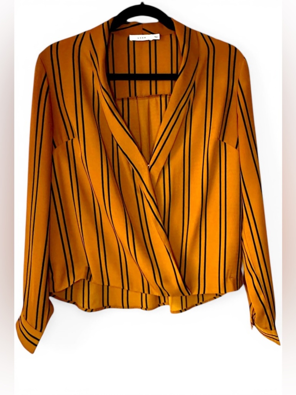 Lush Mustard Yellow Black Striped Wrap Blouse Shawl Collar Small S
